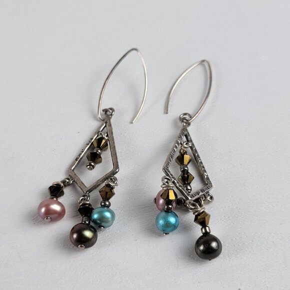 Sterling Silver 925 Multicolor Pearls Crystal Chandelier Earrings 1.5" Hook - Picture 2 of 6